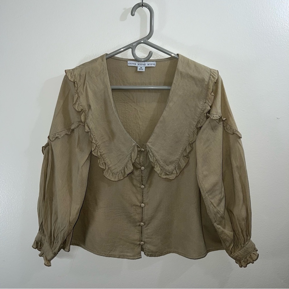 HYFVE ruffle Peter Pan collared blouse in tan size small with front buttons